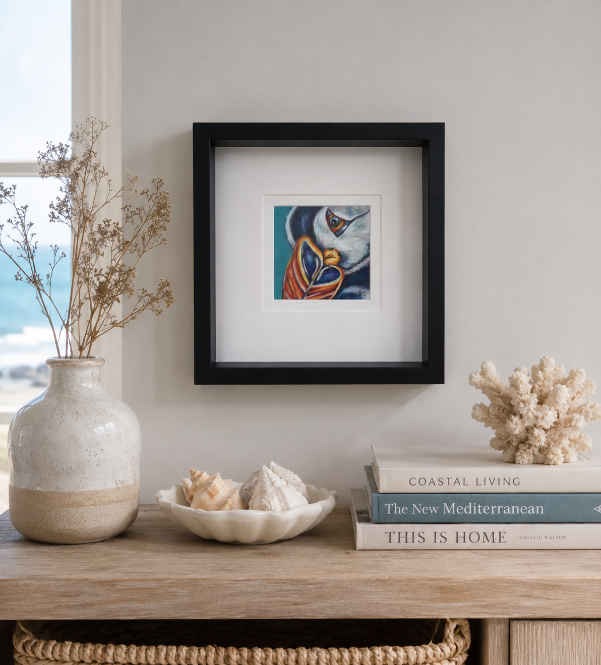 PUFFIN - Charm     - Original framed coloured pencil drawing      (The Expressive Self Collection)