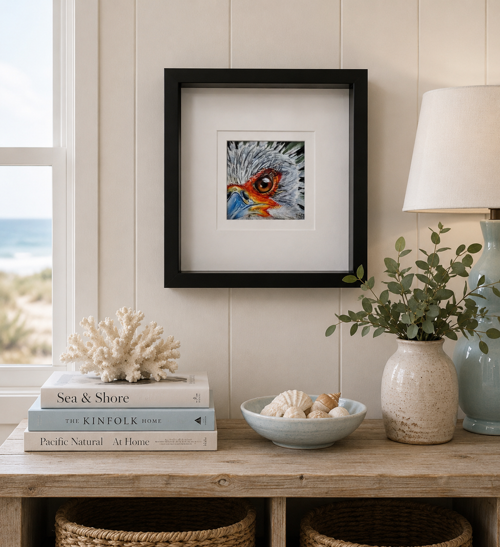 SECRETARY BIRD - Precision  - Original framed coloured pencil drawing